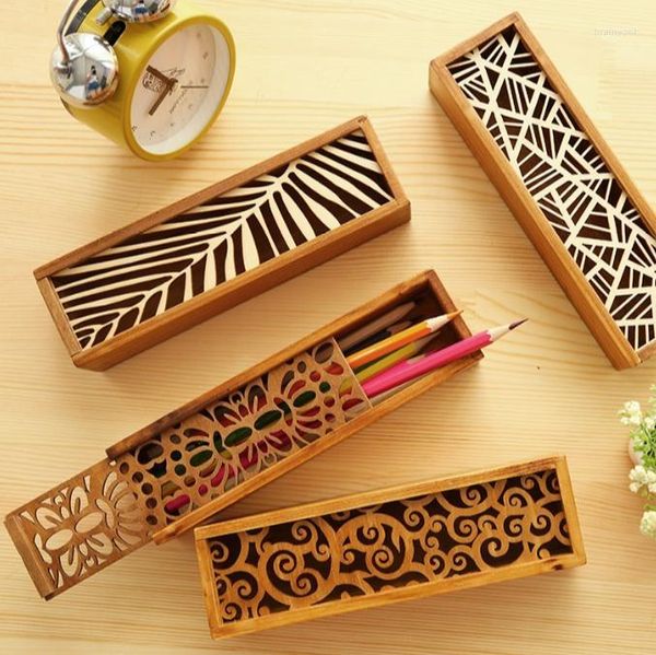 Style Vintage pratique creux bois porte-crayon bijoux boîte de rangement en bois organisateur tiroir porte-stylo école cadeau