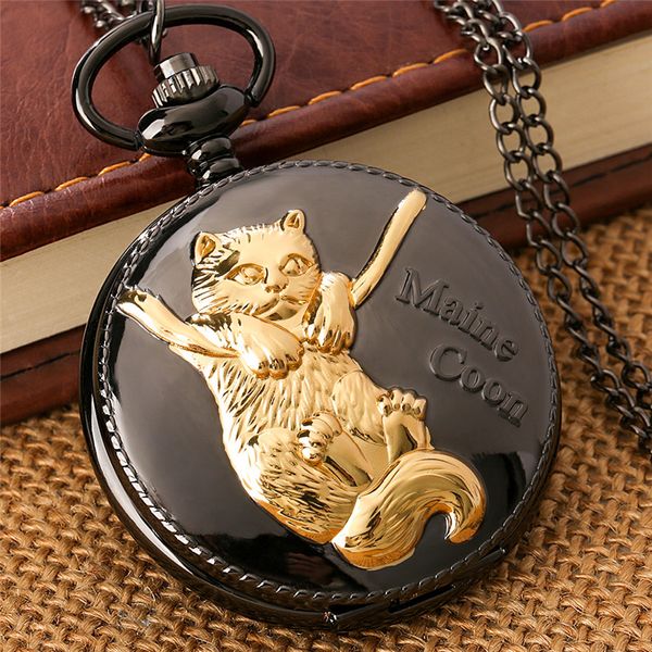 Relojes de estilo Vintage tallados en oro diseño de gato Maine Coon mascota Animal Unisex reloj de bolsillo de cuarzo suéter colgante cadena regalo