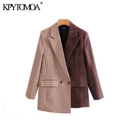 Vintage Élégant Patchwork Plaid Irrégulier Blazer Manteau Femmes Mode Col Entaillé À Manches Longues Femme Survêtement Chic Tops 201023