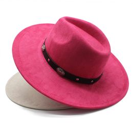 Vintage Daim Fedoras Chapeaux 9.5 cm Large Bord Femmes Hommes Panama Trilby Formelle Parti Cap Église Jazz Chapeaux avec Bande De Mode