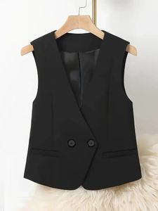 Vintage Suit Wilaitcoat Fashion Simple Double Bords Elegant Womens Sans manches Sans Coul Contrèment Color Slim-Fit Small Coat 240420