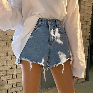 Vintage été plage Sexy Shorts femmes mode Denim bords effilochés trous taille haute jean grande taille Chic pantalon 210601