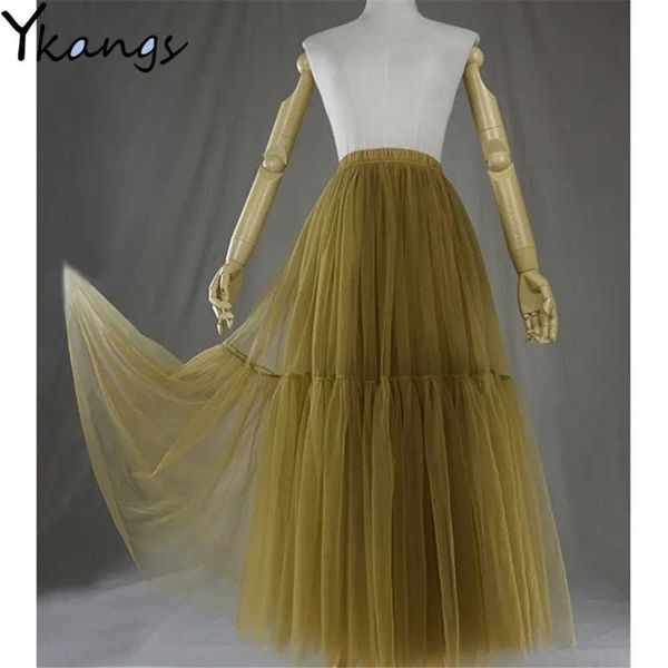 Vintage été vert tulle jupes femmes 3 couches midi jupes plissées printemps mode élastique taille haute maille longues jupes tutu 210619