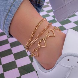 Vintage zomer Meerlagige strand Anklet Women Gold Metal Hollow Peach Heart Link Chain Anklets Girls Slippers Fashion Jewelry