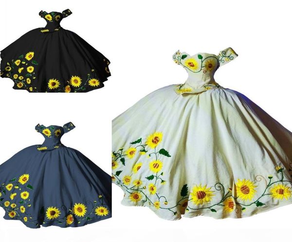 Robes de quinceanera brodées de tournesols vintage Style mexicain hors de l'épaule Big Bow Corset Sweet 16 robe de bal robe P9975549