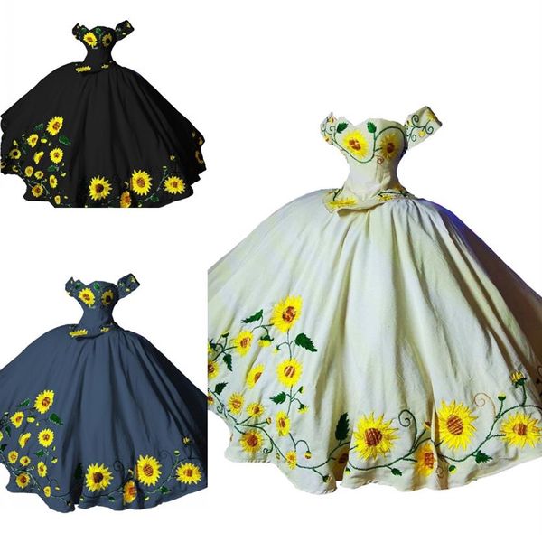 Vintage tournesols brodés robes de Quinceanera Charro style mexicain sur l'épaule gros arc corset doux 16 robe robe de bal P243V