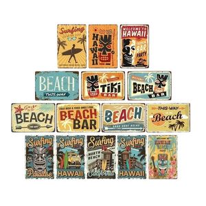 Vintage Surf Time Poster Summer Tiki Bar Tar Tekenen Old Rusty Beach Bar Retro Rusty Board Metal Signs Op deze manier naar het strand Bord aangepaste borden Outdoor Metal 30x20cm W01