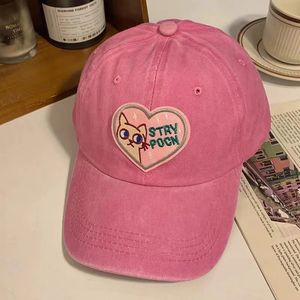 Vintage Sweet Cool Pink Baseball Caps For Women Girls Leuke katten hart borduurwerk hoeden vrouwelijk Soft Top Sun Dad Hoed 240506