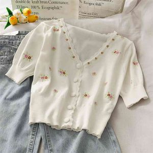 Vintage doux fleurs brodées tricoté cardigan t-shirt femmes harajuku été blanc col en v court chemisier amincissant boutons top 210421