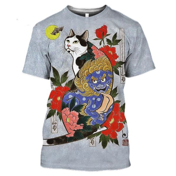 T-shirt vintage Samurai Cat Tattoo Shirt Men's Men's 3D Cool Print Art Classic Shirt Summer Round Neck T-shirt