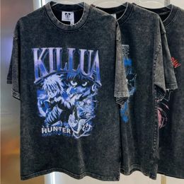 Camisetas vintage con estampado de dibujos animados callejeros, camiseta de manga corta negra lavada de algodón pesado para hombres y mujeres