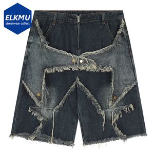 Short en jean Vintage à pompon étoile pour hommes, ample, épissage, Hip Hop, Streetwear, Harajuku Y2K, été 240318