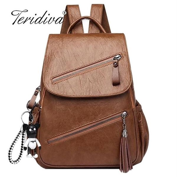 Vintage Tassels Sac à dos Femmes Retro Pu Leather Rucksack Big Capacity Sac à école pour adolescente voyage Bolsas Y201224291P