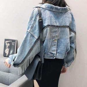 Vintage kwastjes denim losse jas herfst bat mouw korte jeans jas vrouwelijke vrouwen chaqueta mujer streetwear CeKet vriend za t190828