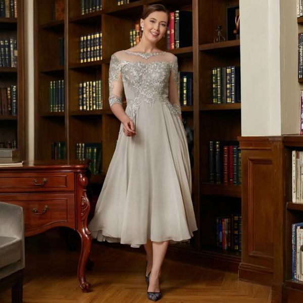 Vintage thé longueur a-ligne mère de la mariée robes dentelle appliques col transparent argent mousseline de soie élégante femmes robe d'invité de mariage marié maman soirée robes de soirée formelles