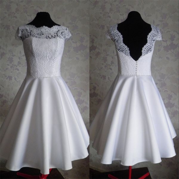 Vintage thé longueur robes de mariée modestes avec manches illusion décolleté dentelle corset V dos satin perle blanc / ivoire plage robes de mariée réel