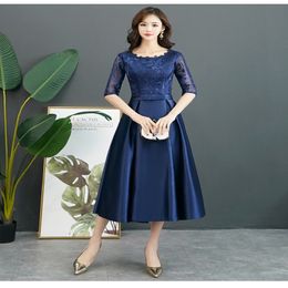 Longitud de té vintage azul marino azul corto modestos vestidos de dama de honor con medias mangas A-line satin dama de honor de dama de honor informal dres 249d