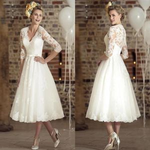 Vintage Theelange Trouwjurken met Halve Mouw 2019 Retro V-hals Kant Tule Casamento Vestidos De Korte Trouwjurk Bridal 224i