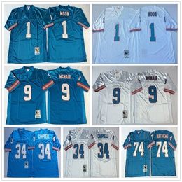 Vintage Tennessee Oilers voetbalshirts #1 Warren Moon 34 Earl Campbell 9 Steve McNair 74 Bruce Matthews Blue White Adult Stitched Jersey