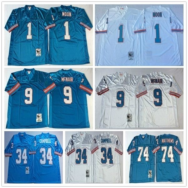 Maillots de football des Oilers du Tennessee Vintage # 1 Warren Moon 34 Earl Campbell 9 Steve McNair 74 Bruce Matthews Maillot cousu adulte bleu blanc