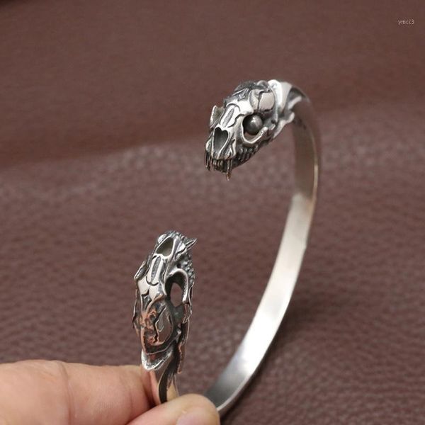 Vintage Thai Silver Tiger SKULL Bangle 925 Sterling Squelette Banglebracelet Hip Hop Punk Man Fine Jewelry