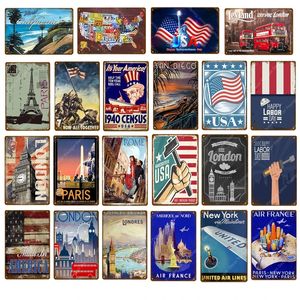 Vintage The USA Map Tin Poster London Paris Rome Metal Signs Country Plaque for Pub Bar Club Cafe Room Home Decoratie Wall Personaliseerde Stickers Maat 30x20cm W02
