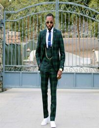 Vintage drie stukken Heren Suit jas Pant Vest Dark Green Plaid Custom Made Formal Suits Wedding Tuxedos Business Men Wear3176995