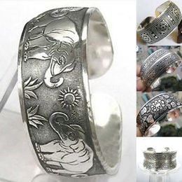 Vintage Tibétain Argent Éléphant Sculpté Ouvert Bracelet Manchette Large Bracelet Bijoux Q0719