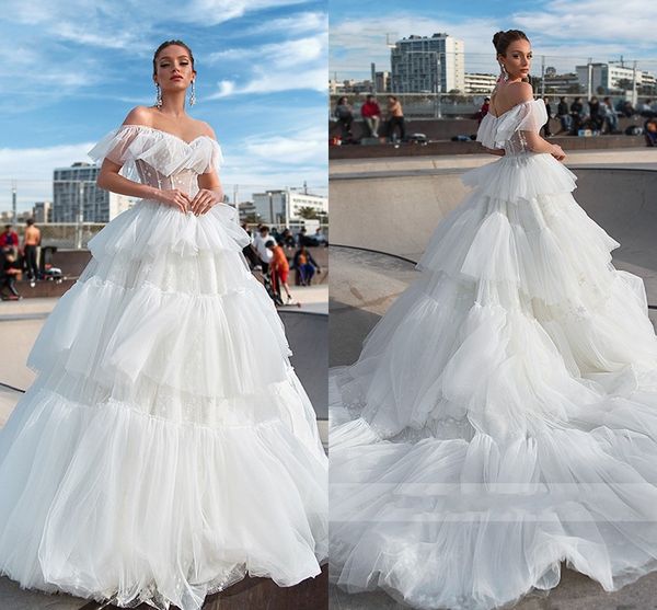 Vestidos de novia con gradas de la magdalena Berta de la vendimia más el tamaño largo 2020 Boho fuera del hombro flores apliques de encaje vestido de fiesta vestido de novia Vestidos