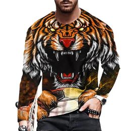 Vintage tigre y león impresión 3d verano para hombre Oneck camiseta casual manga larga camiseta de gran tamaño moda jersey hombres ropa 240130