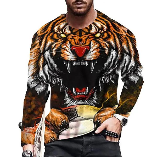 Vintage Tigre et Lion Impression 3D Été Hommes Oneck T-shirt Casual Manches Longues T-shirt Surdimensionné Mode Pull Hommes Vêtements 240130