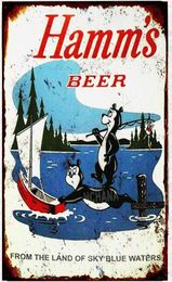 Vintage tin hamms bierbeer vissen lake boot tin metalen bord 8x12 inches8238434