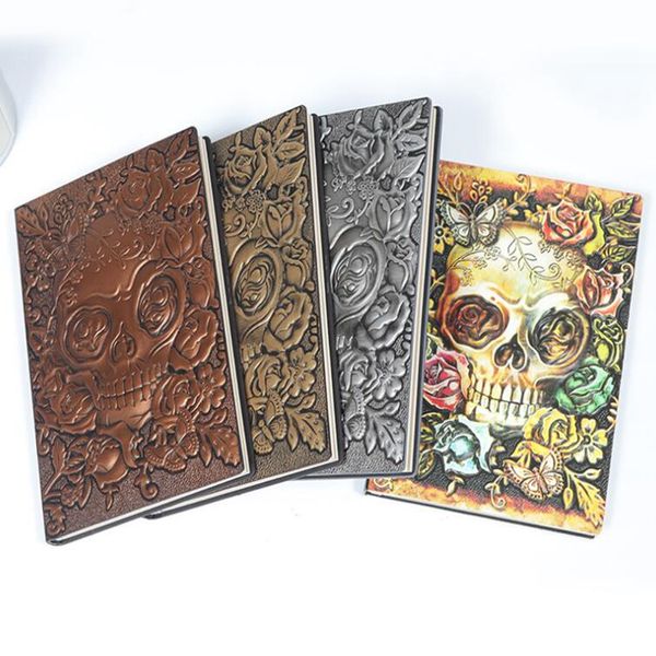 Bloc de notas de viaje Vintage, cuaderno de cuero con calavera en relieve, diarios de tapa dura, cuaderno de bocetos, planificador, suministros escolares