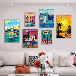 Vintage reisposter Amsterdam Sri Lanka Sydney Venetië Las Vegas Landschap Canvas schilderen Wall Art Picture Afdrukken Woonkamer Slaapkamer Huisdecoratie Geen frame WO6