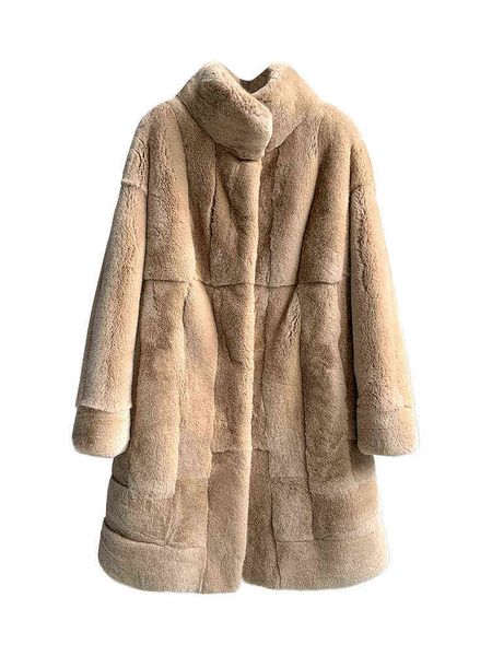 Tendencia vintage abrigo de cuero de piel de conejo real con cuello de piel estándar al por mayor de invierno mujer calentadora de piel t220810