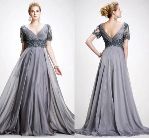 Vestidos de madre de la novia de moda vintage Cremallera Una línea Cuello en V Apliques Vestidos de gasa Vestidos Ropa de noche Madre gris de la novia