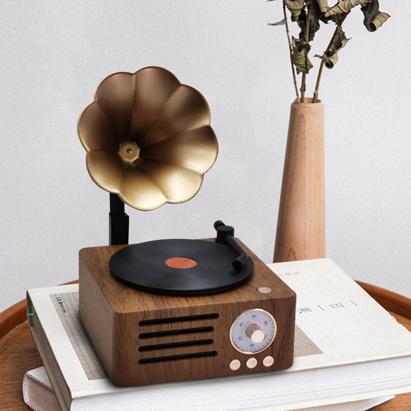 Vintage trompet Flower Wood Grain Bluetooth -luidspreker met roteerbare klassieke winkeldecoraties, geluidssysteem, radio, draagbare fonograaf