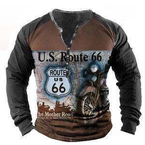 Vintage T-shirt Voor Mannen Katoenen T-shirts Rout 66 Grafische T-shirts Lange Mouw Vneck Tee 3D Gedrukt Oversized Heren Kleding tops 240130