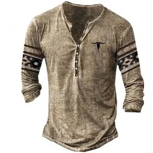 T-shirt vintage pour hommes Tribal Graphic T-shirts Coton 3D Imprimé Henley Chemise À Manches Longues Surdimensionné Vêtements Pour Hommes Style Ethnique 240219