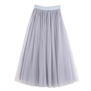 Vintage tulle jupe femmes élastique haute taille 3 couches aliné plissée en maille longue marine tutu jupe féminine Jupe longue 240416