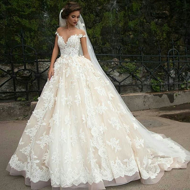 Vintage Turkije kanten bal trouwjurk uit schouderprinses Lebanon Illusion Jewel nek Arabische bruid bruidsjurk jurk bruiloftdress