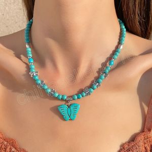 Vintage turquoise stenen vlinder hanglagige kraag ketting Boheemse stijl streng choker kettingen vrouwelijk sieraden cadeau