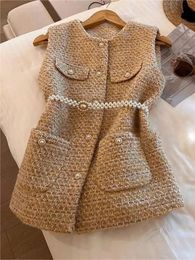 Veste en tweed vintage manteau sans manches dames ceinture petite veste de parfum automne a automne les femmes coréennes gilet 240520