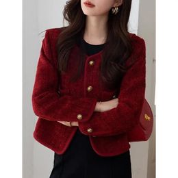 Chaqueta de Tweed Vintage para Mujer, abrigos cortos rojos de un solo pecho, bolsillos para Mujer, abrigo elegante grueso y cálido para Mujer 240201