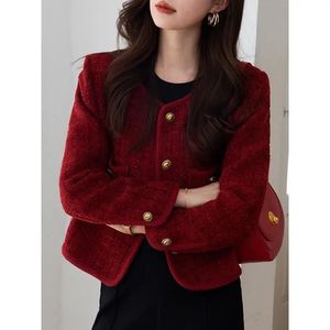 Vintage tweed Jacket Dames herfst Red Red Single Breasted Short Coats vrouwelijke zakken elegante verdikte warme vrouwelijke dame jas Mujer 240201