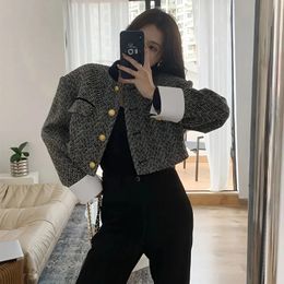 Vintage Tweed veste femmes élégant Patchwork recadrée Blazer coréen simple boutonnage manteau court bureau dame tous Match vêtements d'extérieur 240112