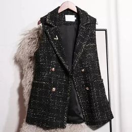 Gilet en Tweed Vintage pour femmes, col en V noir, vestes sans manches à Double boutonnage, automne hiver, bureau coréen, gilet L60 240226