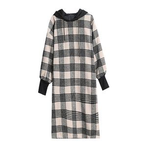 Vintage Tweed Laine Plaid Noir Blanc À Capuche Au Genou Longueur Robe Automne Hiver Élégant Manches Bouffantes D1428 210514