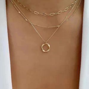 Collier à pendentif rond torsadé Vintage pour femmes, chaîne géométrique multicouche, en or 14 carats, style Boho, bijoux cadeau 2024