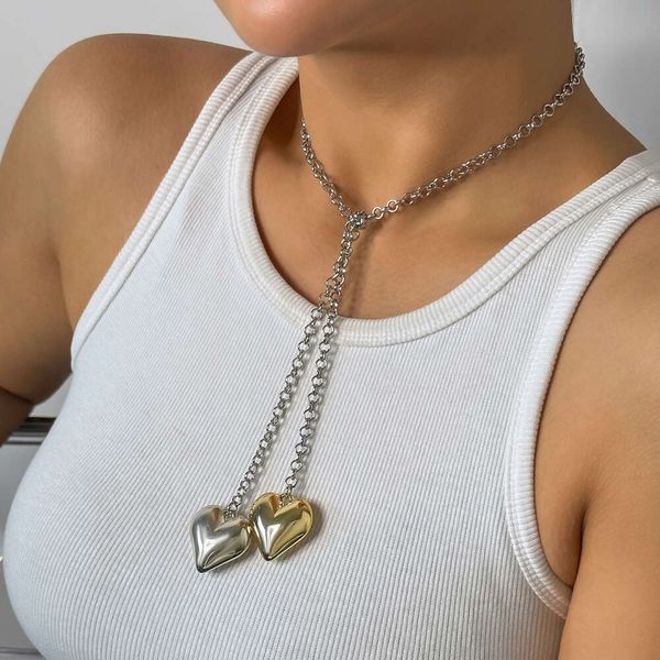 Collier réglable avec pendentif deux cœurs Vintage pour femmes, personnalisé, Simple, Long gland en métal, bijoux de pull à la mode pour filles, 2023